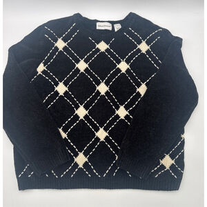 ALFRED DUNNER Black & White Argyle Crew Neck Sweater L
